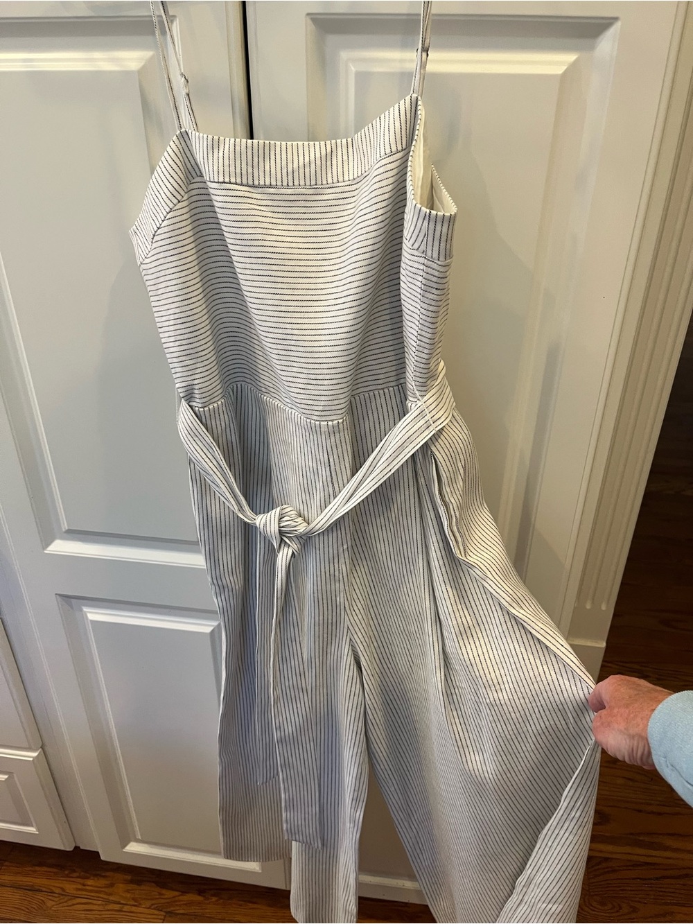 Banana Republic White and Navy Striped Sleeveless Jumpsuit with Waist Tie